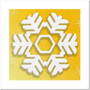 Snowflake Winter Holiday Christmas Kids Party Decoration. White Snowflake on yellow christmas tree background. Posters and Art